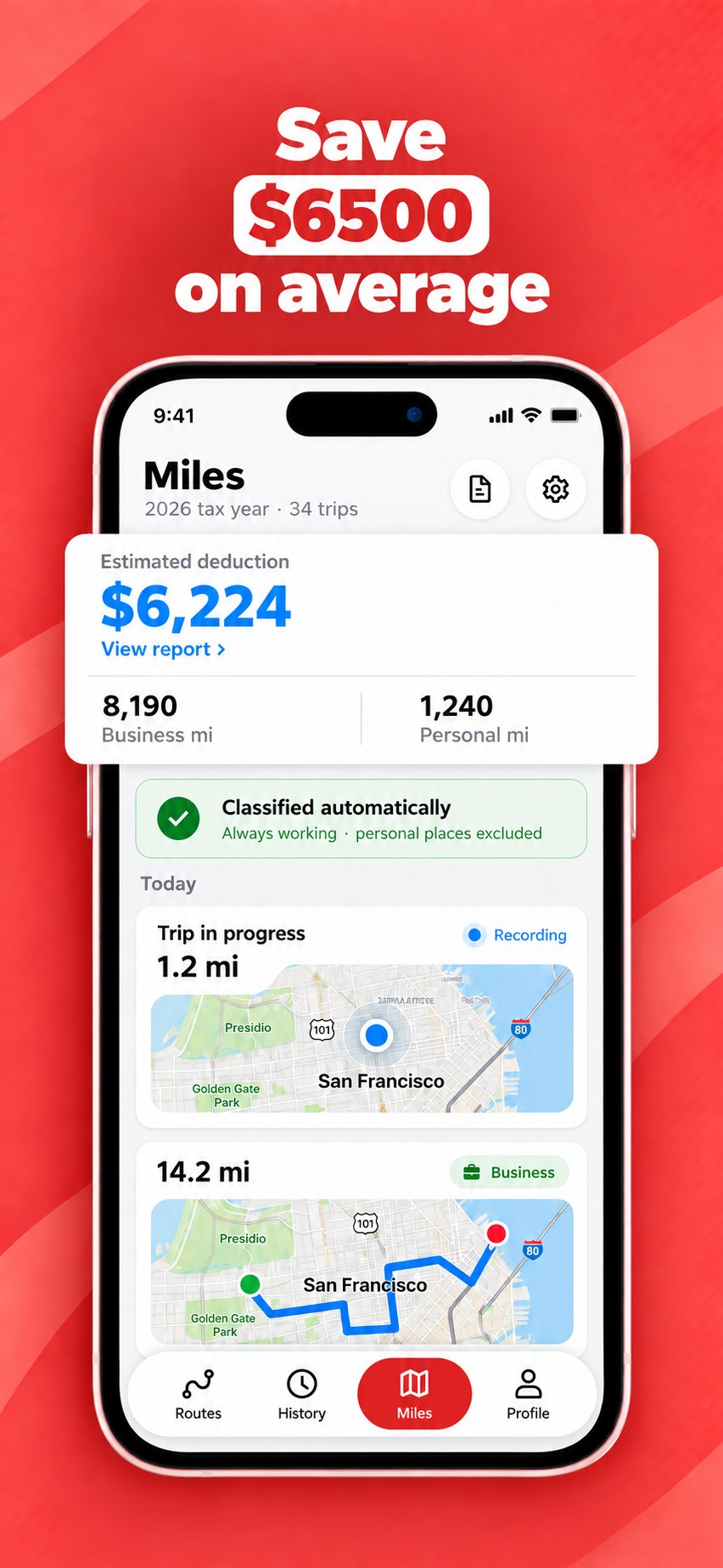 Save $6500 on average — a drive being recorded live on a map, with a completed 14.2 mile business trip below it