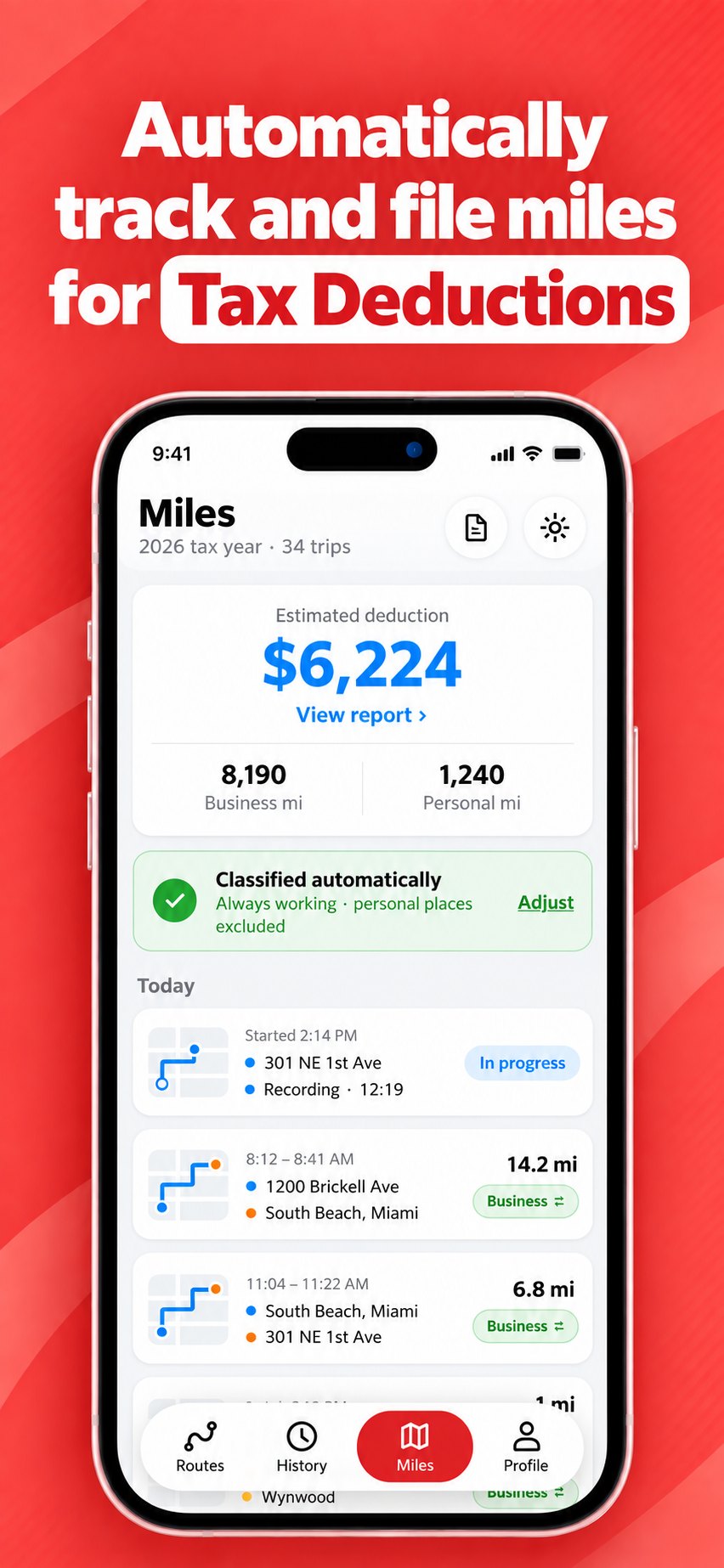 Automatically track and file miles for Tax Deductions — trip list with drives automatically marked as business